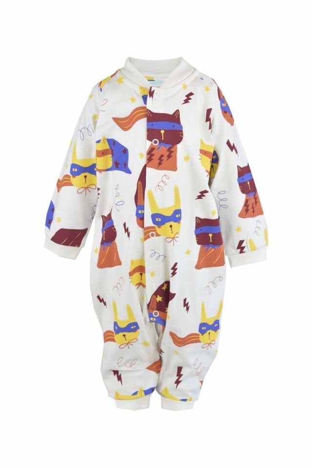 EKRU KEDİ BASKILI UNISEX BEBEK TULUM