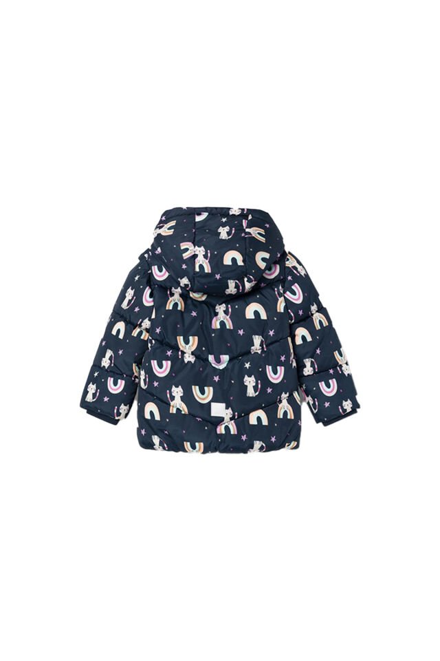 LACİVERT RENKTE GÖKKUŞAĞI VE KEDİ BASKILI ŞİŞME KIZ ÇOCUK MONT