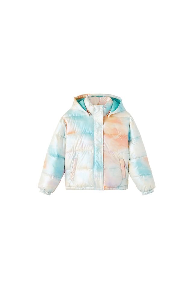 BATİK EFEKTLİ KAPÜŞON DETAYLI ŞİŞME KIZ ÇOCUK MONT