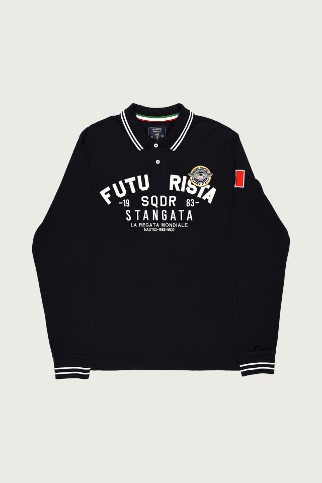 Siyah Renkte ''Futurista'' Nakışlı Polo Yaka Erkek T-Shirt