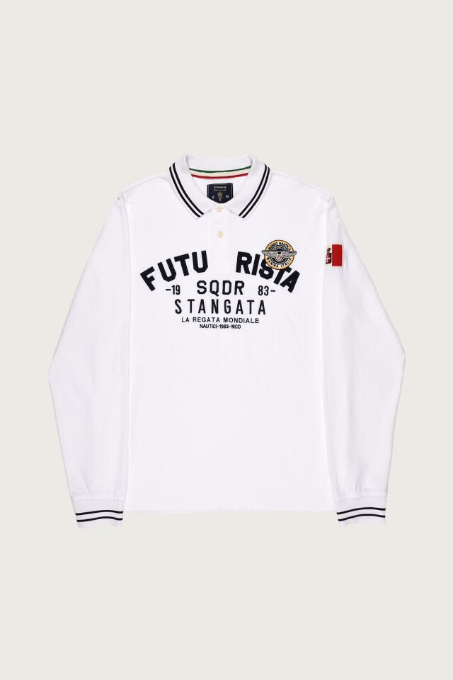 Beyaz Renkte ''Futurista'' Nakışlı Polo Yaka Erkek T-Shirt