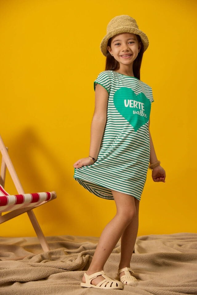 Yeşil Çizgili Baskılı Kız Çocuk Elbise