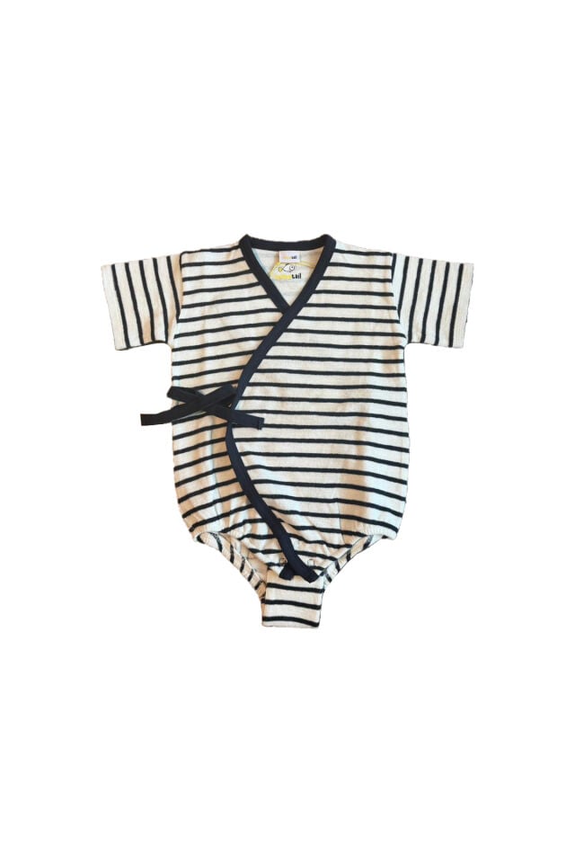 Lacivert Çizgili Kimono Bağlama Detaylı Unisex Bebek Body