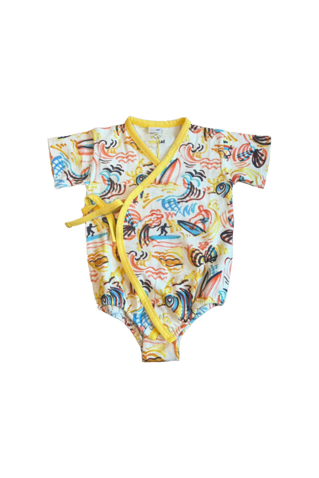 Sarı Desenli Kimono Bağlama Detaylı Unisex Bebek Body