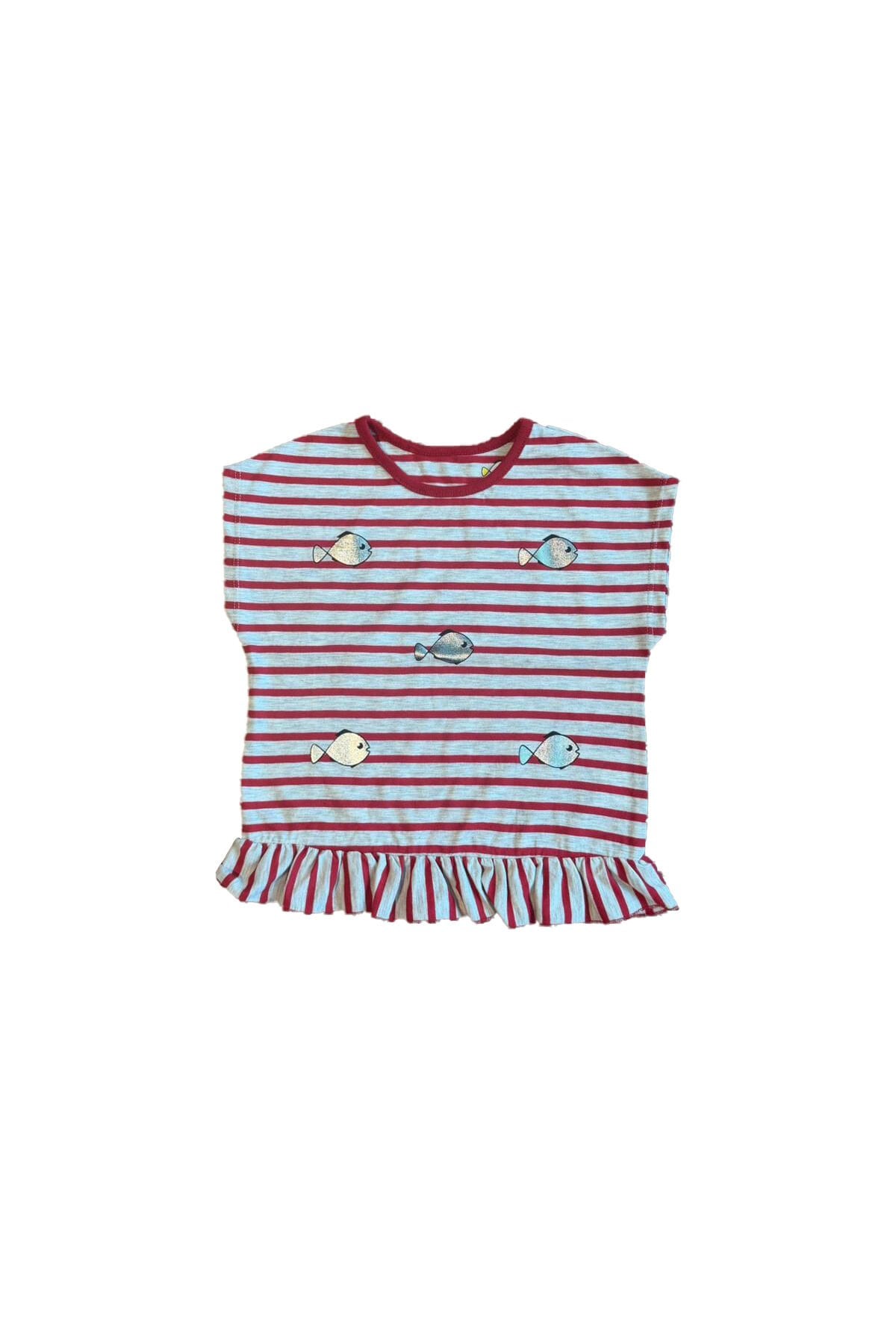 Varak Balık Baskılı Kırmızı Çizgili Kız Çocuk T-Shirt