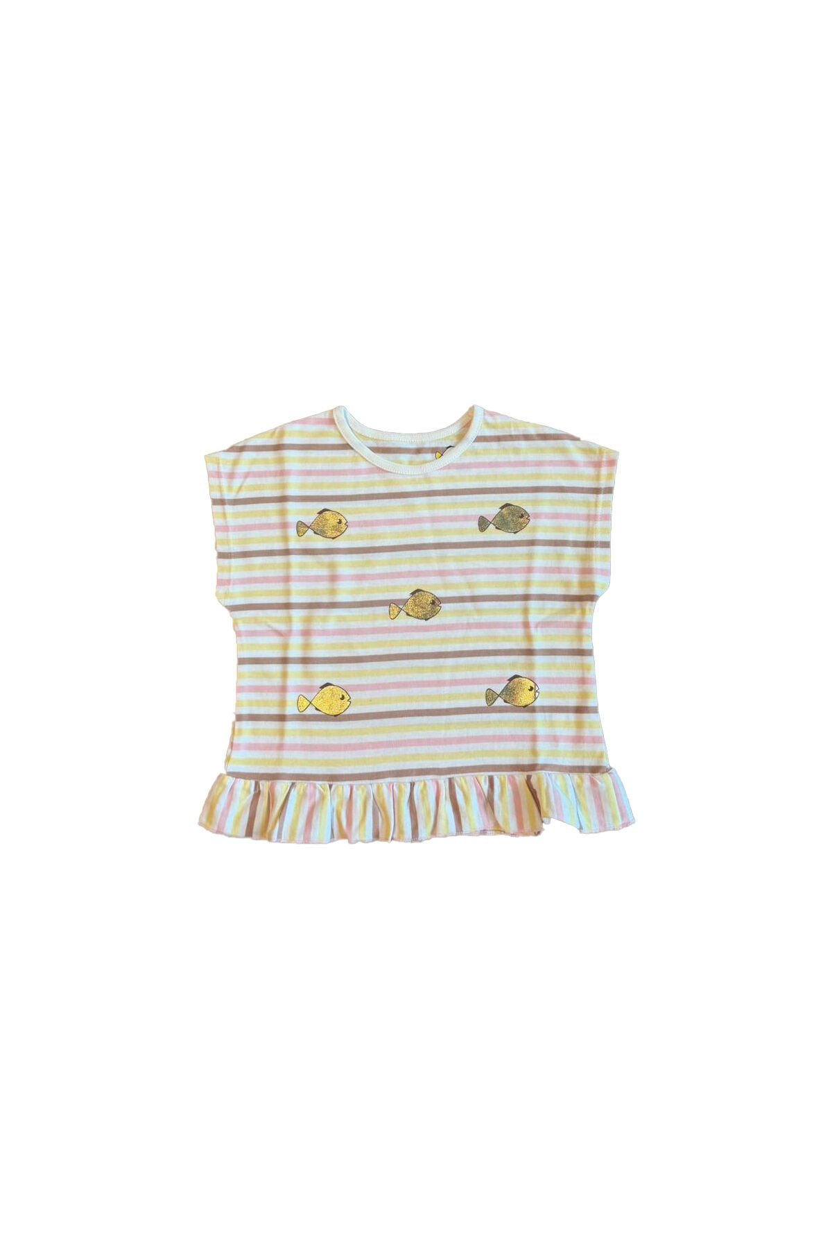 Varak Balık Baskılı Pembe Çizgili Kız Çocuk T-Shirt