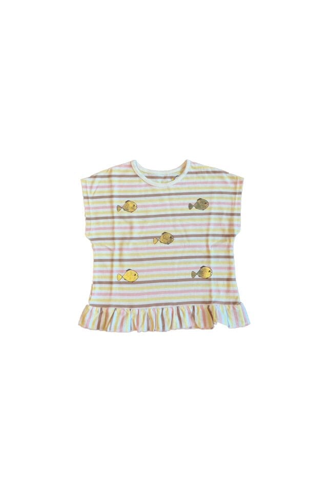 Varak Balık Baskılı Pembe Çizgili Kız Çocuk T-Shirt