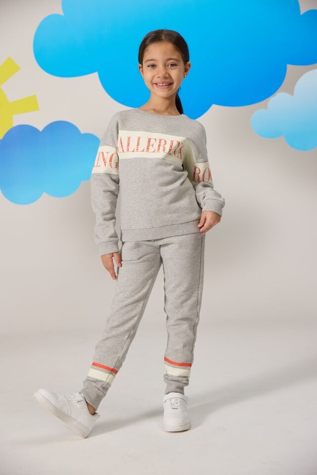 Ballerina Baskılı Gri Kız Çocuk Sweatshirt ve Pantolon Takım