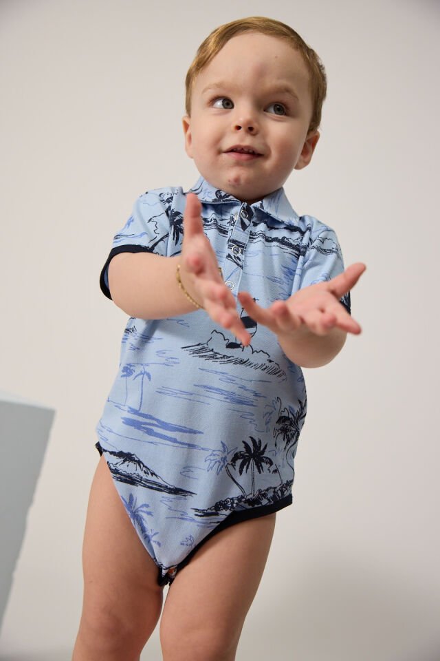 Mavi Yelkenli Temalı ve Gömlek Yakalı Bebek Body