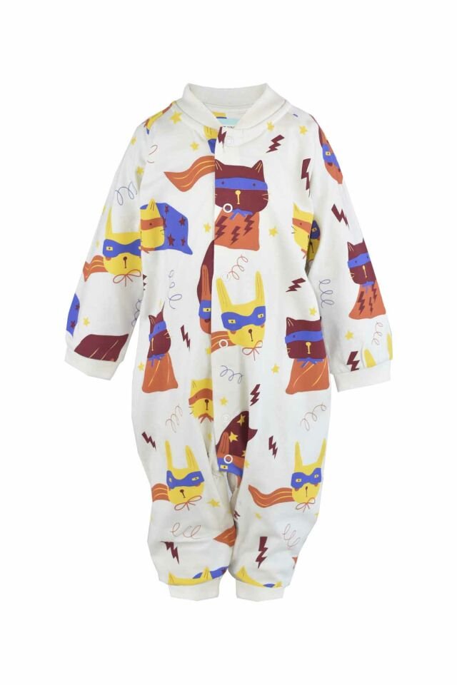 EKRU KEDİ BASKILI UNISEX BEBEK TULUM