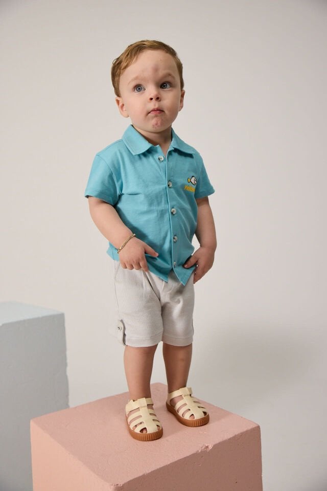 Mavi Balık Baskılı Erkek Bebek Penye Gömlek