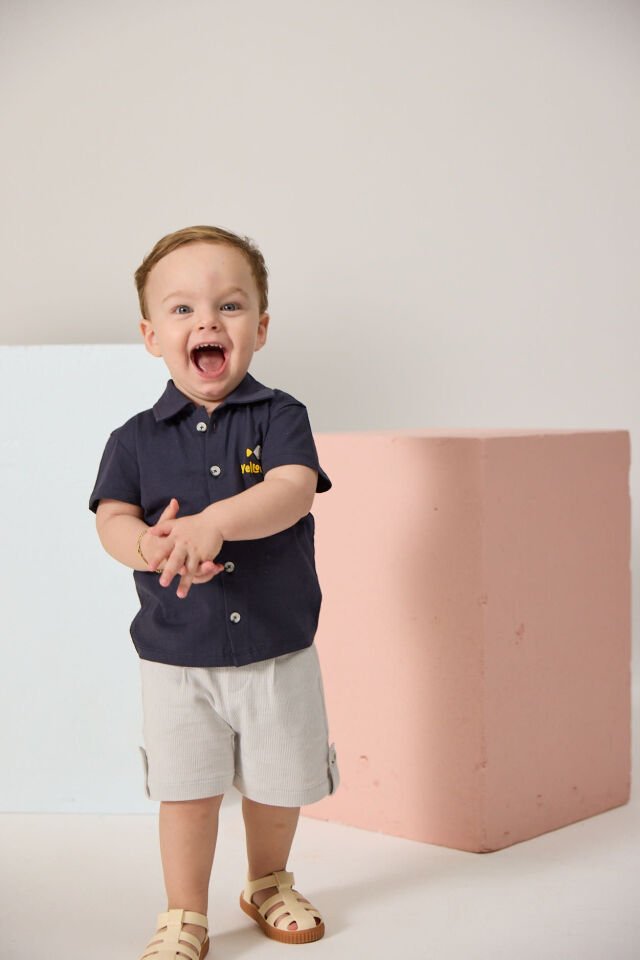 Lacivert Balık Baskılı Erkek Bebek Penye Gömlek