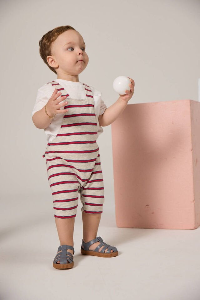 GRİ KIRMIZI ÇİZGİLİ UNISEX BEBEK SALOPET