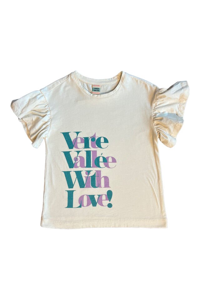 Ekru Renkte Fırfırlı Ve Simli Kız Çocuk T-Shirt