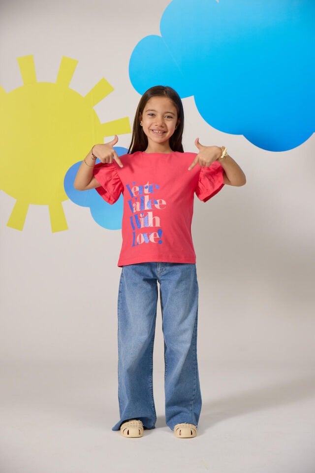 Fuşya Renkte Fırfırlı Ve Simli Kız Çocuk T-Shirt