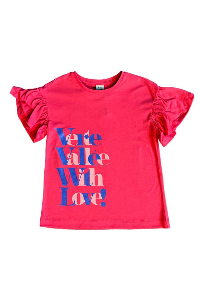 Fuşya Renkte Fırfırlı Ve Simli Kız Çocuk T-Shirt