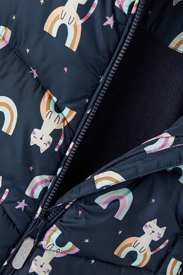 LACİVERT RENKTE GÖKKUŞAĞI VE KEDİ BASKILI ŞİŞME KIZ ÇOCUK MONT