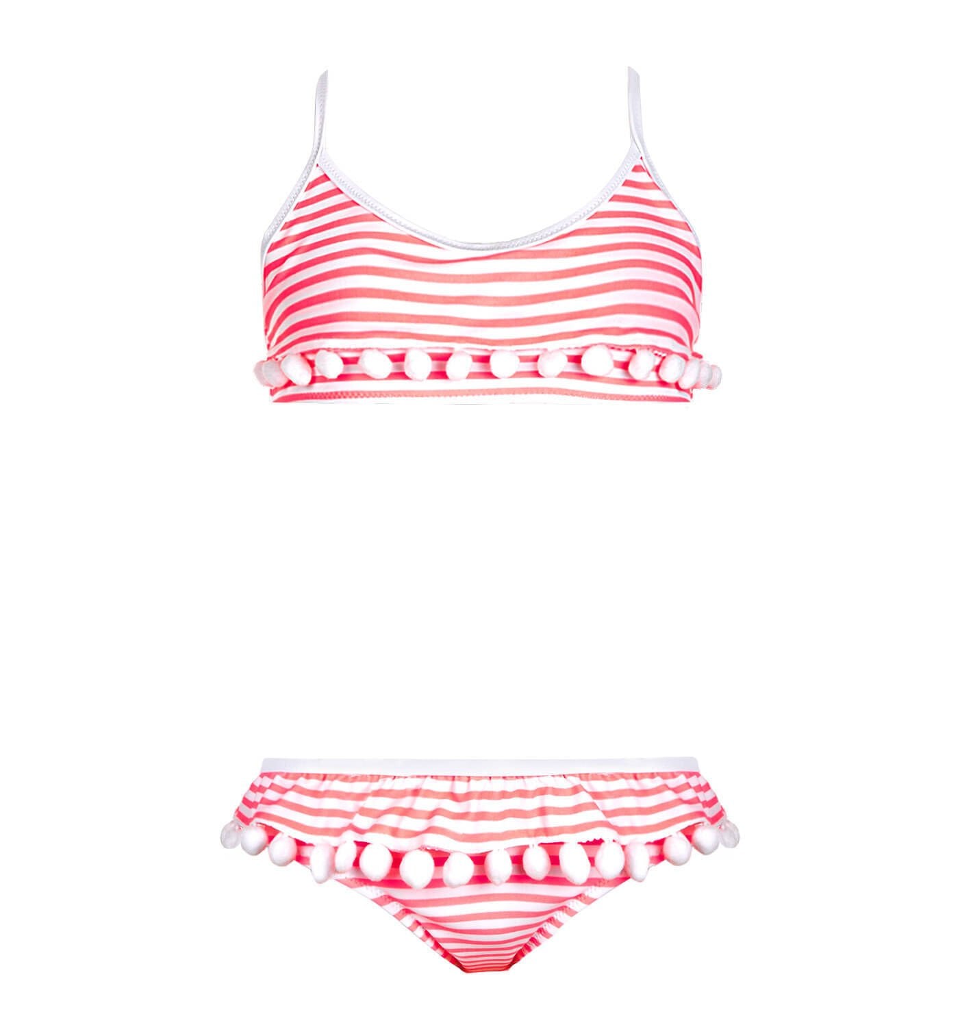 PEMBE ÇİZGİLİ VE PONPONLU KIZ ÇOCUK BİKİNİ